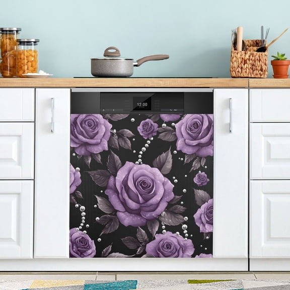 Yayeee Magnetic Dishwasher Cover for The Front Decoration Home Kitchen Machine Sticker Protector, Black Roses