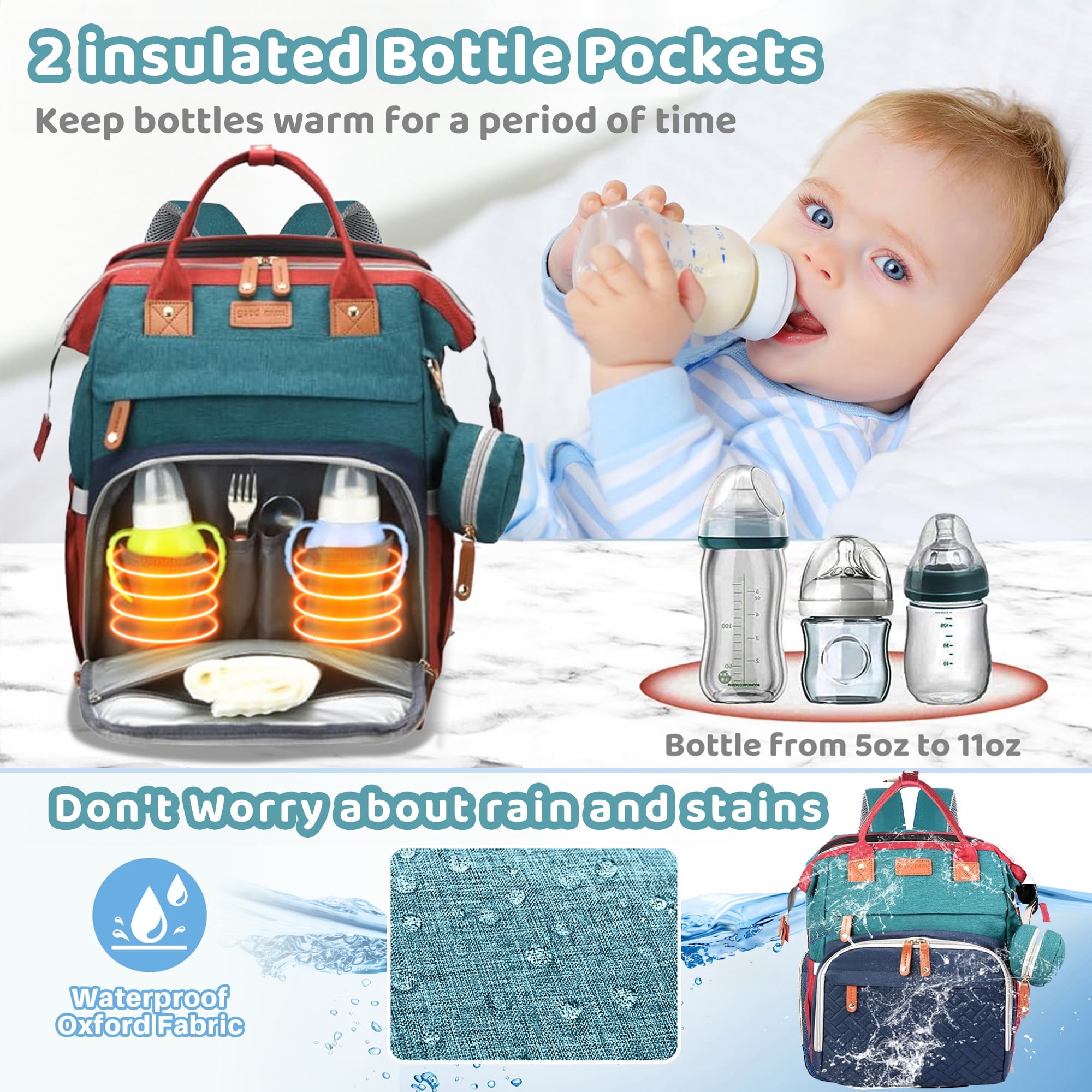 Morfone Diaper Bag Backpack with Changing Station, WaterproofLarge Capacity Baby Bag with USB Charging Port & Pacifier Case - Unisex, Colorful