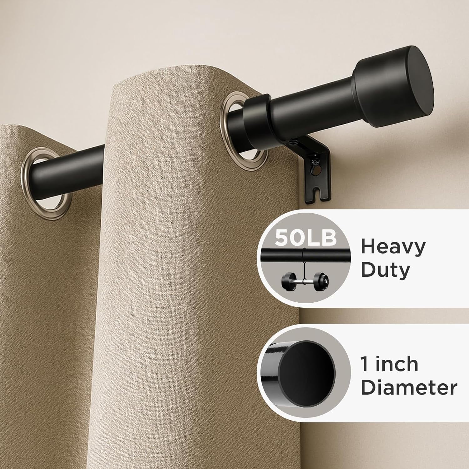 Black Curtain Rods for Windows 32-120 Inch, 1 Inch Diameter Heavy Duty Adjustable Curtain Rods for Bedroom, Kitchen, Sliding Glass Door
