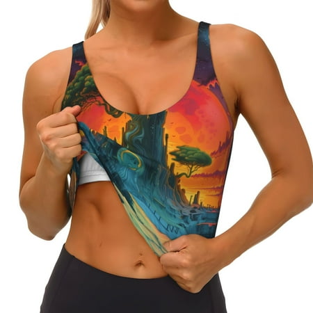 Qokaie Abstract Tree Castle Pattern Womens Scoop Neck Sports Bra Breathable Workout Vest Padded U Back Medium Impact Fitness Gym Yoga Bra Workout Crop Top