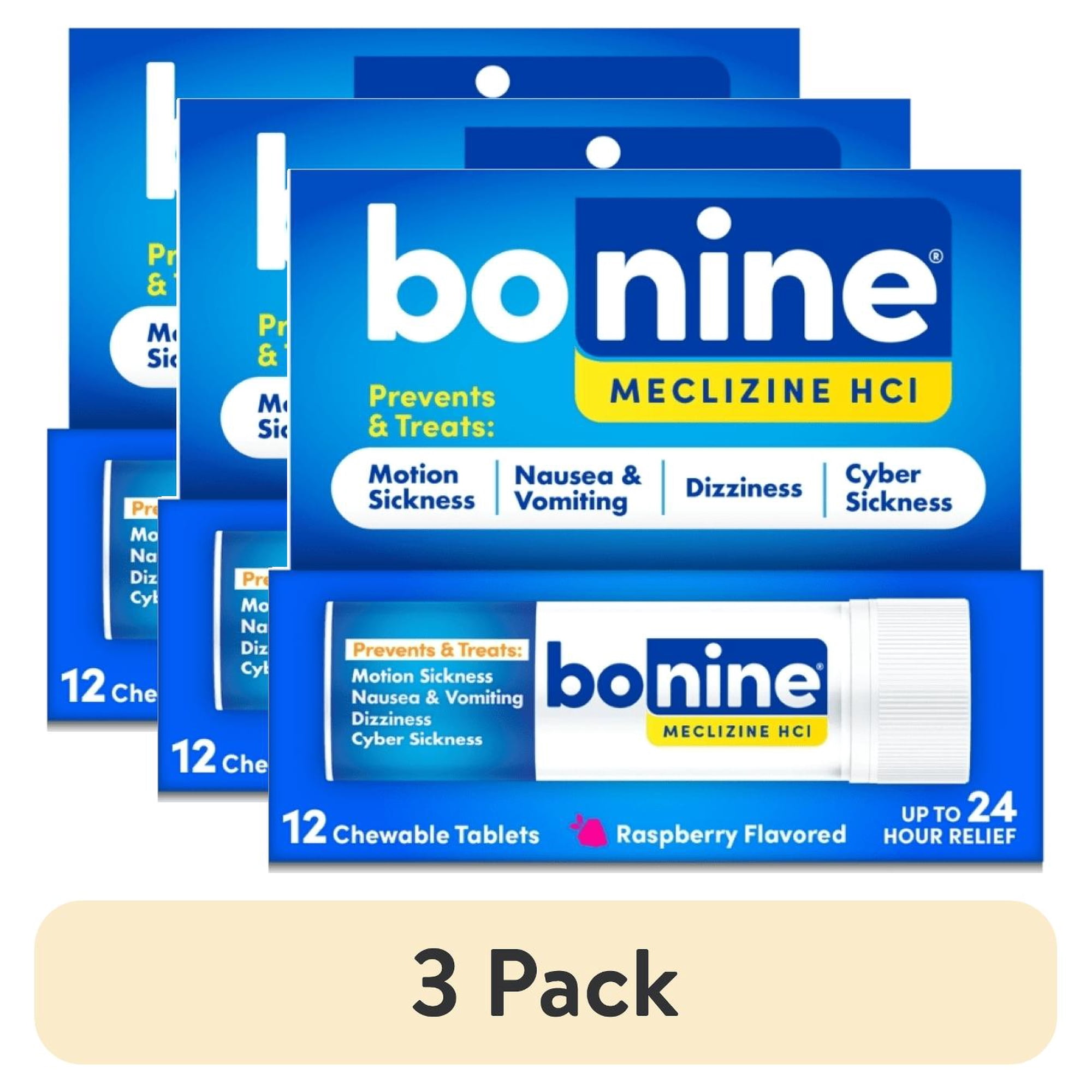 (3 pack) Bonine Raspberry Chewable Motion Sickness Relief Tablets, 12 Count