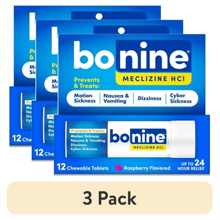(3 pack) Bonine Raspberry Chewable Motion Sickness Relief Tablets, 12 Count