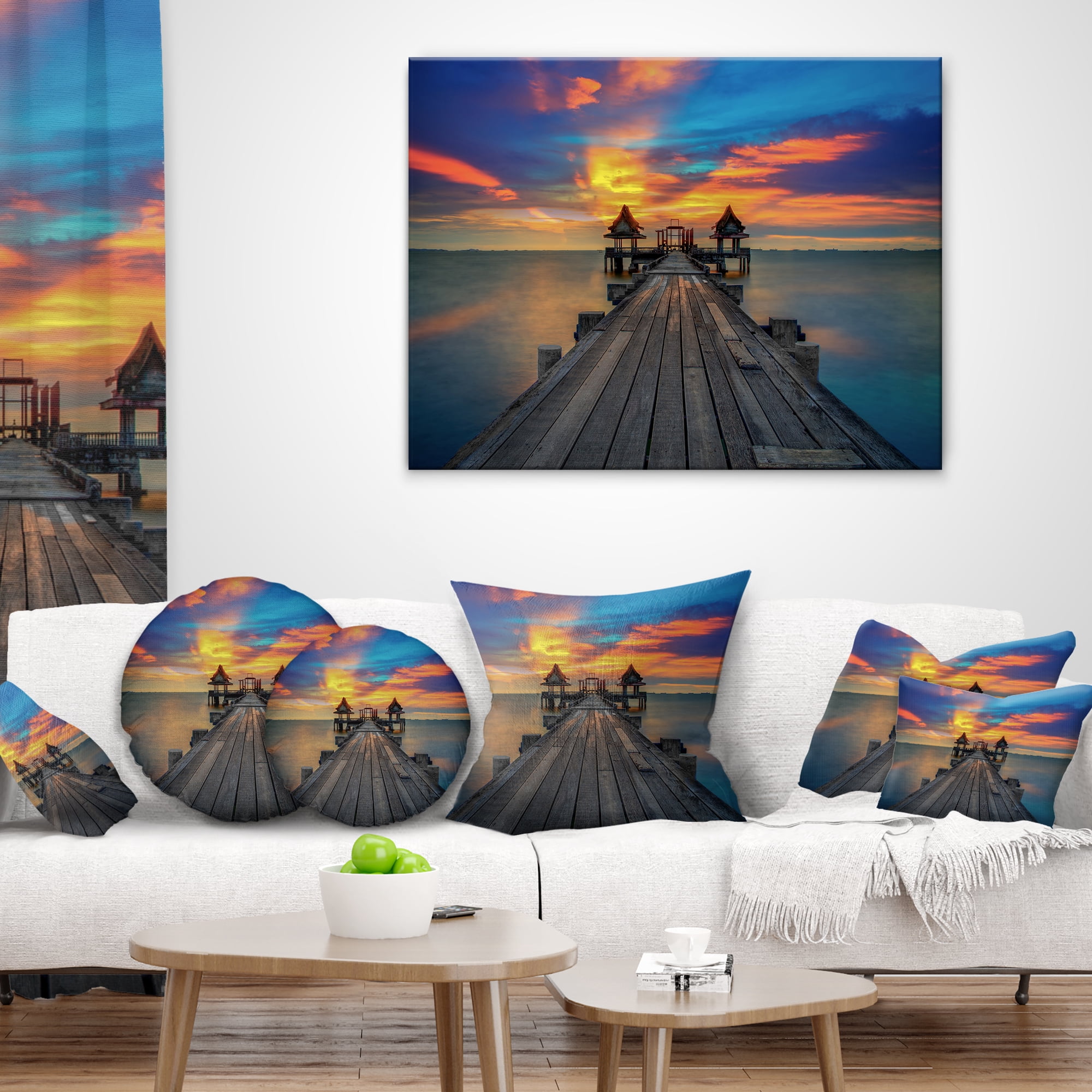 Designart Wide Wooden Bridge into Distant Sun - Pier Seascape Throw Pillow - 16x16