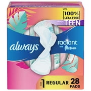 Always Radiant Teen Pads with Wings, Size 1, Regular Absorbency, 28 CT