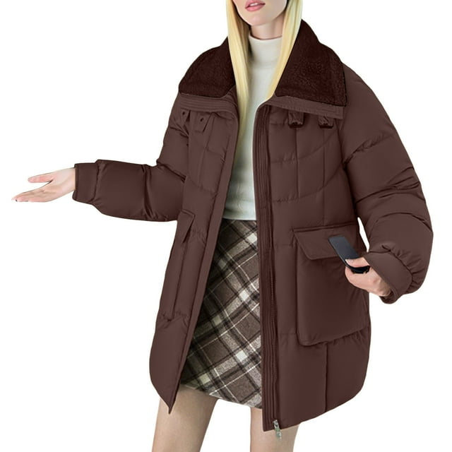 ManxiVoo Womens Medium Length Puffer Jacket Winter Thickened Cotton Blend Coat With High End Texture L Size Coffee