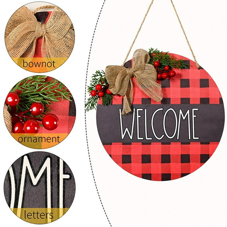 Christmas Door Wreath for Front Door, Black and White Buffalo Plaid Check Decor,Front Door Wreath,Welcome Wooden Sign for Farmhouse Porch, Wooden