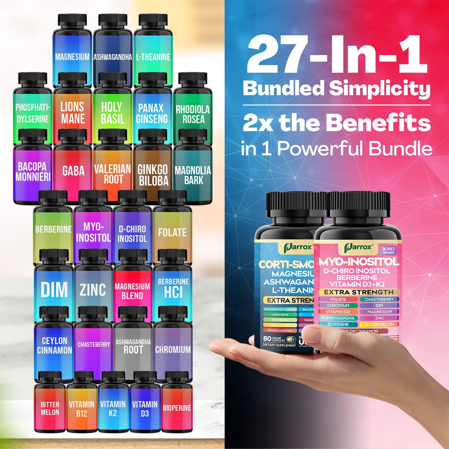 Parrox Cortisol & Myo-Inositol Supplement Bundle, Soothe & Smooth Bundle, Cortisol Balance, GABA, Magnesium, Ashwagandha, L-Theanine, D-Chiro Inositol, Folate, Berberine, Chasteberry, Zinc (3 Pack)