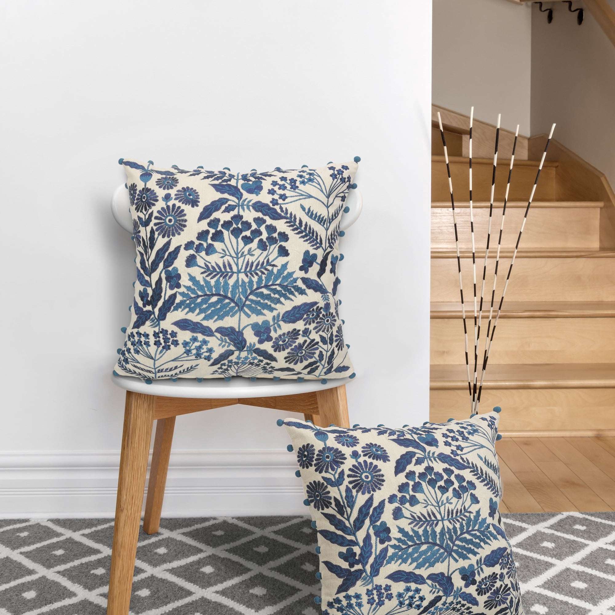 Laddha Home Designs Hand Stitched Botanical Cotton Throw Pillow Cover - 20" - White and Blue
