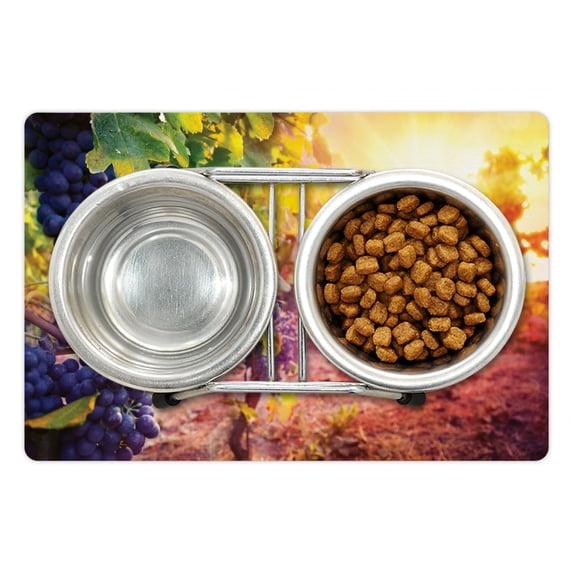 Grape Pet Mat for Food and Water, Vineyard with Fresh Ripe Fruits in the Countryside at Sunset Autumn Harvest Photo, Non-Slip Rubber Mat for Dogs and Cats, 18" X 12", by Ambesonne