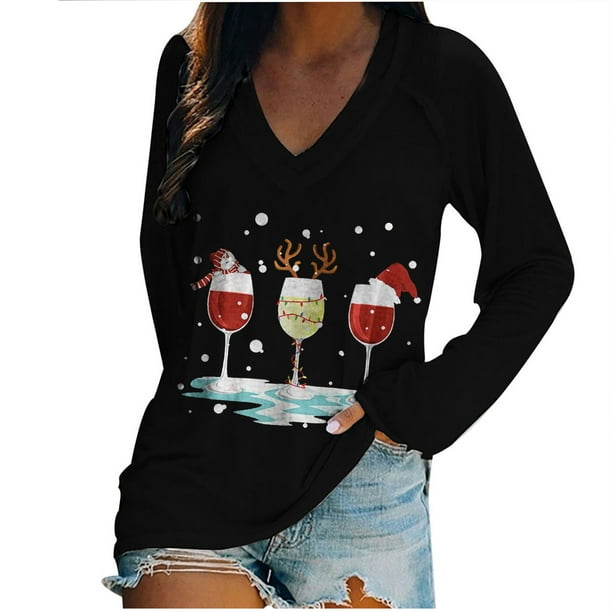 Moda mujer Casual cuello en V Navidad impreso manga larga camiseta blusa Tops Pompotops gfhjh20737