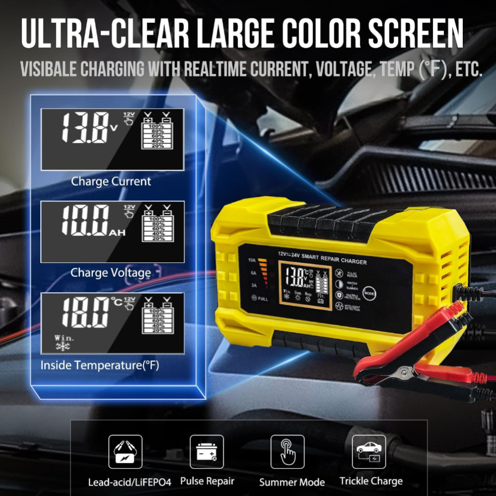 Cardivek 12V10A 24V5A Car And Motorcycle Battery Charger Color Screen Digital Display Lead-Acid Battery Start-Stop Repair Activation Charger Lithium Battery Universal