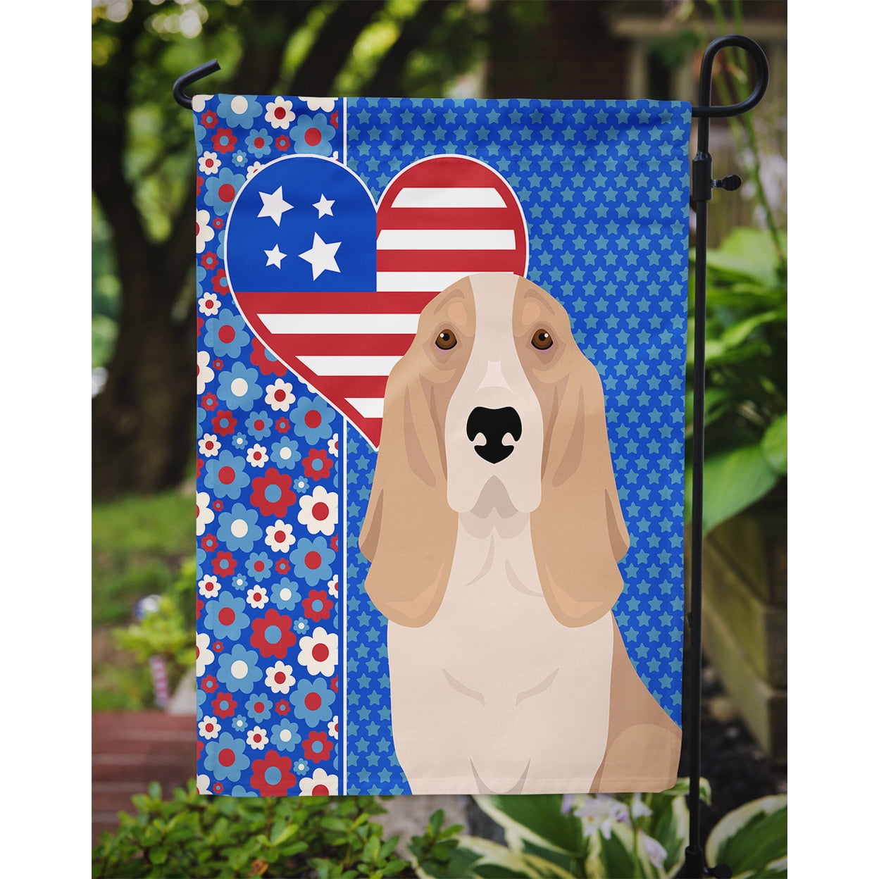 Lemon and White Tricolor Basset Hound USA American Flag Garden Size