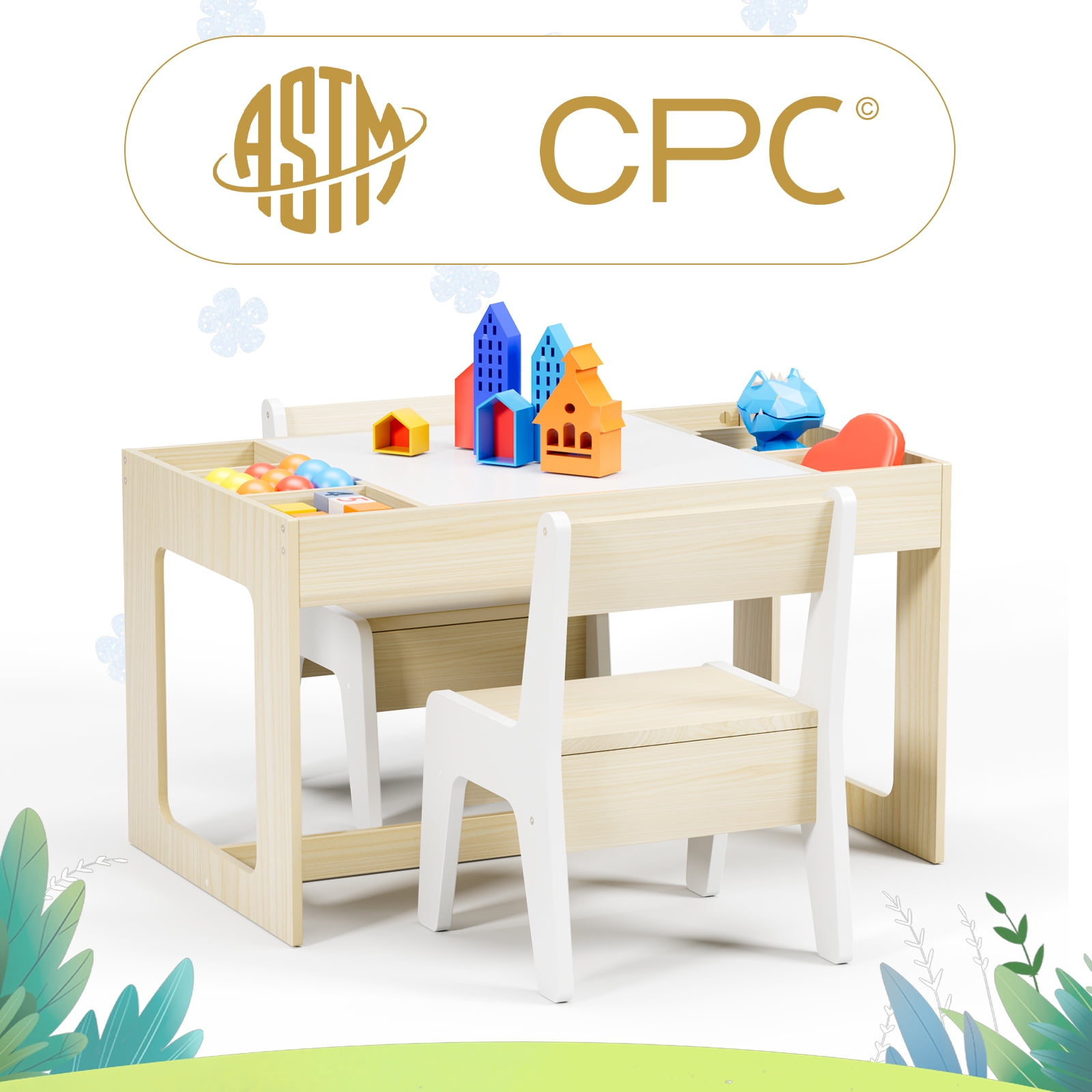 Arlopu Kids Table and Chair Set with Blackboard and Storage Space for Drawing, Reading, Build Blocks