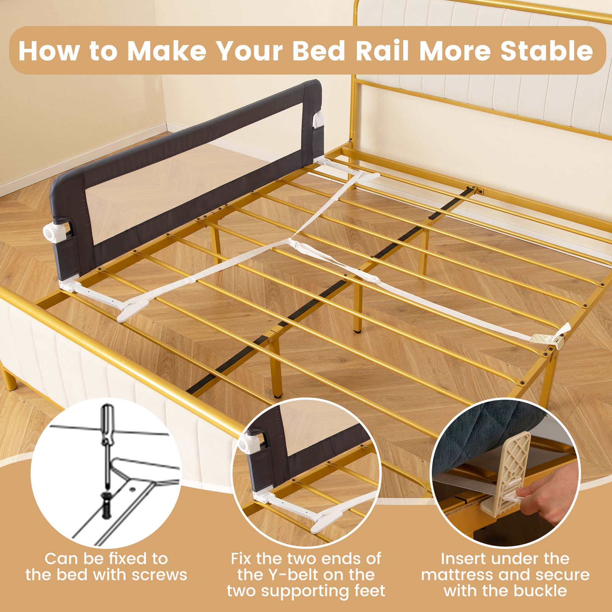 Babyjoy 60" Toddler Foldable Bed Rail with Adjustable Safety Strap Bedrail Guard Gray