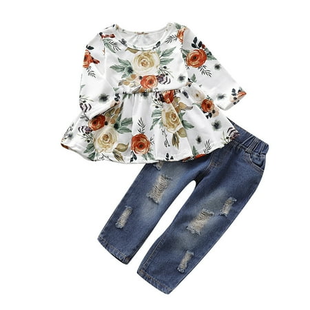 

Baby Girl Clothes Baby Girl Outfits Long Sleeve Round Neckline Floral Top Jeans Pants 2PCS Set 18-24 Months
