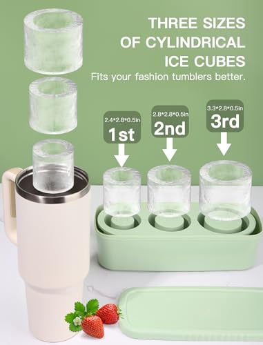 30-40 Oz Silicone Ice Cube Tray for Tumbler Cup, 3 Pack Cylinder Ice Mold with Lid & Storage Bin, Easy Fill & Release Ice Maker for Whiskey Cocktail Drinks, Freezer Safe (Green, 40Oz-Type1)