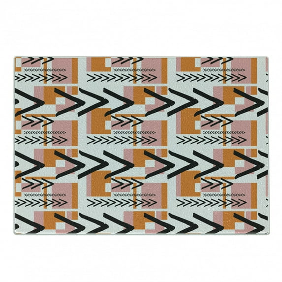 Geometric Cutting Board, Hand Drawn and Grunge Looking Arrows Rectangles and Squares, Decorative Tempered Glass Cutting and Serving Board, Small Size, Orange Pale Pink Black, by Ambesonne