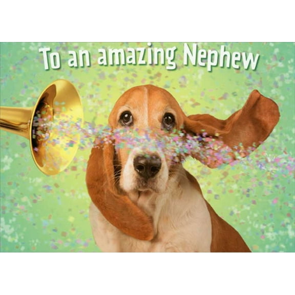 RSVP Basset Hound : Horn Blowing Confetti Juvenile / Kids Birthday Card for Young Nephew