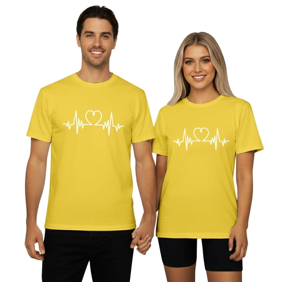KHONTS Couple Valentine's Day T Shirts Men and Women Crew Neck Short Sleeve Tops Heart Printed Sweat Tees Women-Yellow XL