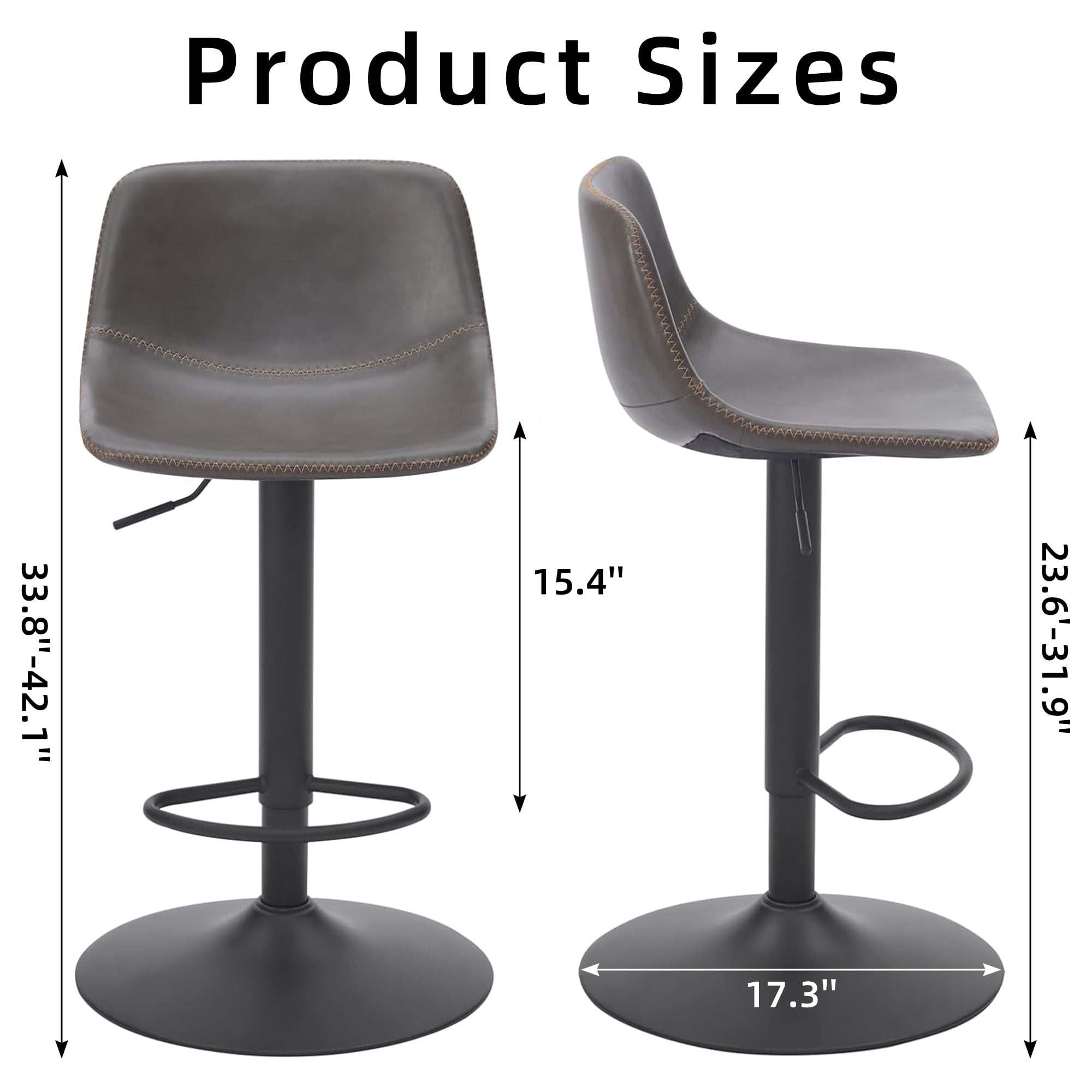 MAYEERTY 2-Set Gray Modern Swivel Bar Stools with Back Support for Kitchen Island, Adjustable Height