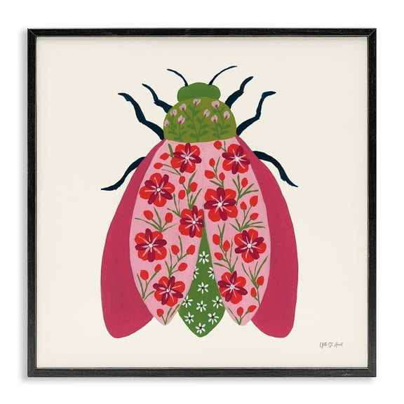 Stupell Industries Pink & Green Blooming Beetle Insects Painting Black Framed Art Print Wall Art, 12 x 12