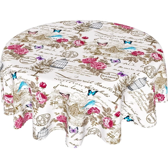 Vintage Floral Round Tablecloth 60 Inch Rose Butterfly Bird Table Cloth Elegant Rustic Farmhouse Polyester Table Cover Decorative for Indoor Outdoor Kitchen Dining Party