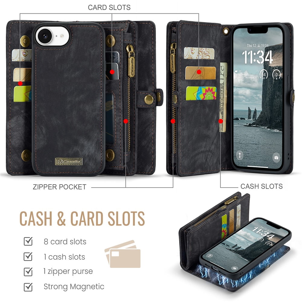 CaseMe Leather Case for iPhone 16e,2 in 1 Detachable Wallet Case with 8-Card Holder Zipper Bills Slot,Magnetic Shockproof Flip Leather Cover Zipper Pocket Phone Cases,Black,For iPhone 16e