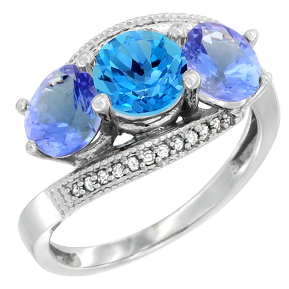 14K White Gold Natural Swiss Blue Topaz & Tanzanite Sides 3 stone Ring Round 6mm Diamond Accent, size 5