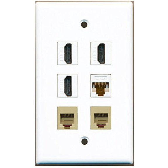 RiteAV - 3 HDMI 2 Port Phone RJ11 RJ12 Beige 1 Port Cat6 Ethernet White Wall Plate