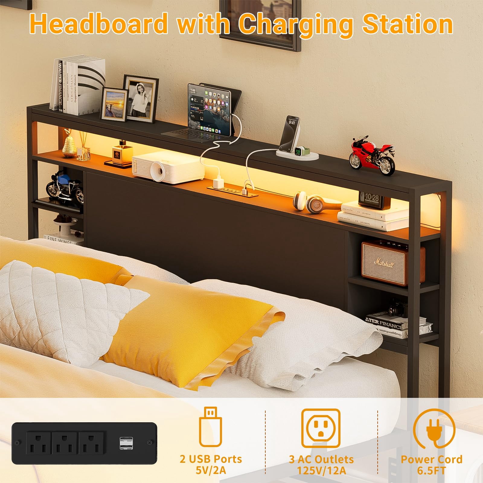 Aheaplus Full Size Bed Frame with Charging Station and RGB LED Lights, Sturdy Platform Bed with Storage Headboard, Solid Metal Slats, Noise Free, No Box Spring Needed, Easy Assembly,Black