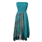 Mogul Womens Blue Strapless Dress Floral Print Boho Chic Holiday 2 Layer Maxi Skirts