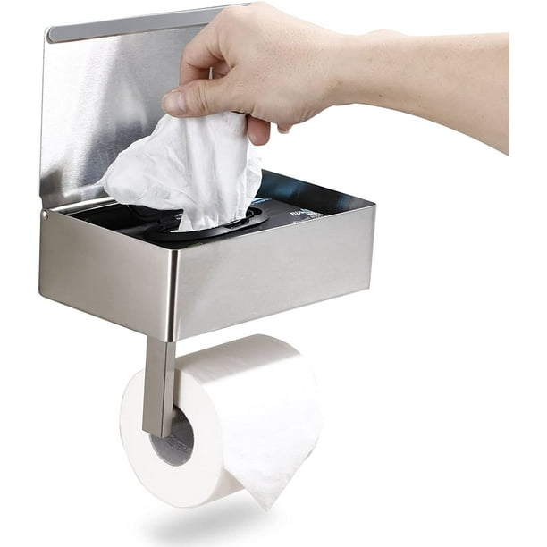 Grand Designs Portarrollos de papel higiénico con estante - Dispensador de toallitas húmedas y almacenamiento para cualquier baño - Organizador de pared de acero inoxidable - Níquel cepillado