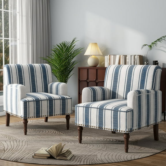 DREAMSIDEA Stripe Accent Chairs Set of 2,Living Room Chair with Arms, Comfy Single Sofa Reading Chair Nailhead Trim for Bedroom, Navy Blue