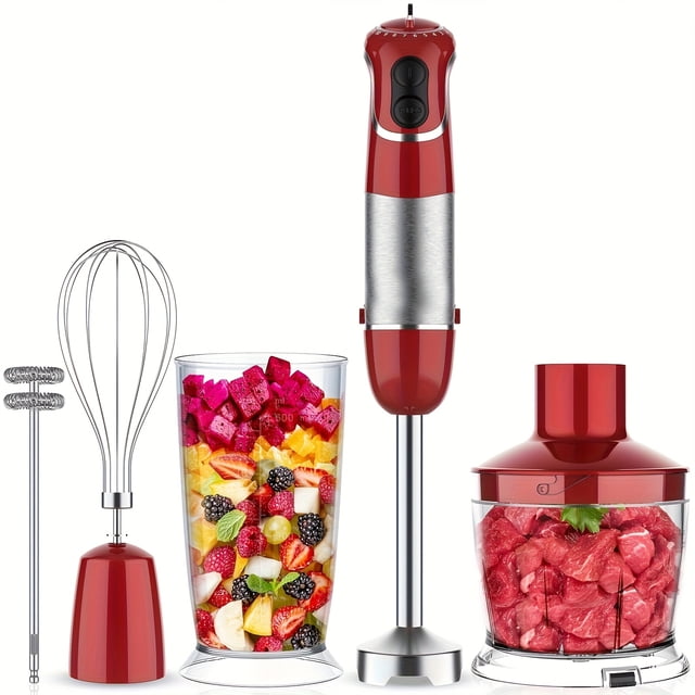 un batidora de mano con 400w de potencia, que cuenta con botones ajustables para una mezcla multifuncional que es fácil de operar. hecha de acero inoxidable con un diseño desmontable, vista frontal centrada con cuerpo rojo y sección de acero inoxidable 430, varilla mezcladora desmontable conectada, vaso medidor transparente con fruta picada, picador con carne y dos accesorios batidor; modo eléctrico 120V y velocidades ajustables, también suele usarse para preparar salsas y purés.