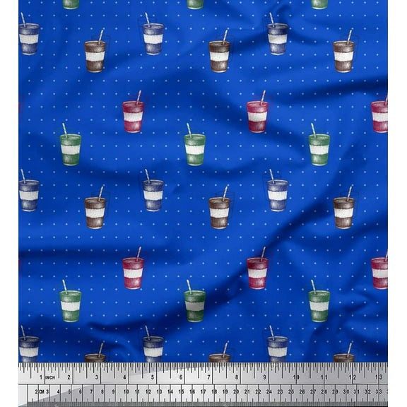 Soimoi Blue Cotton Voile Fabric Coffee Glass & Dots Fabric Prints By Yard 42 Inch Wide