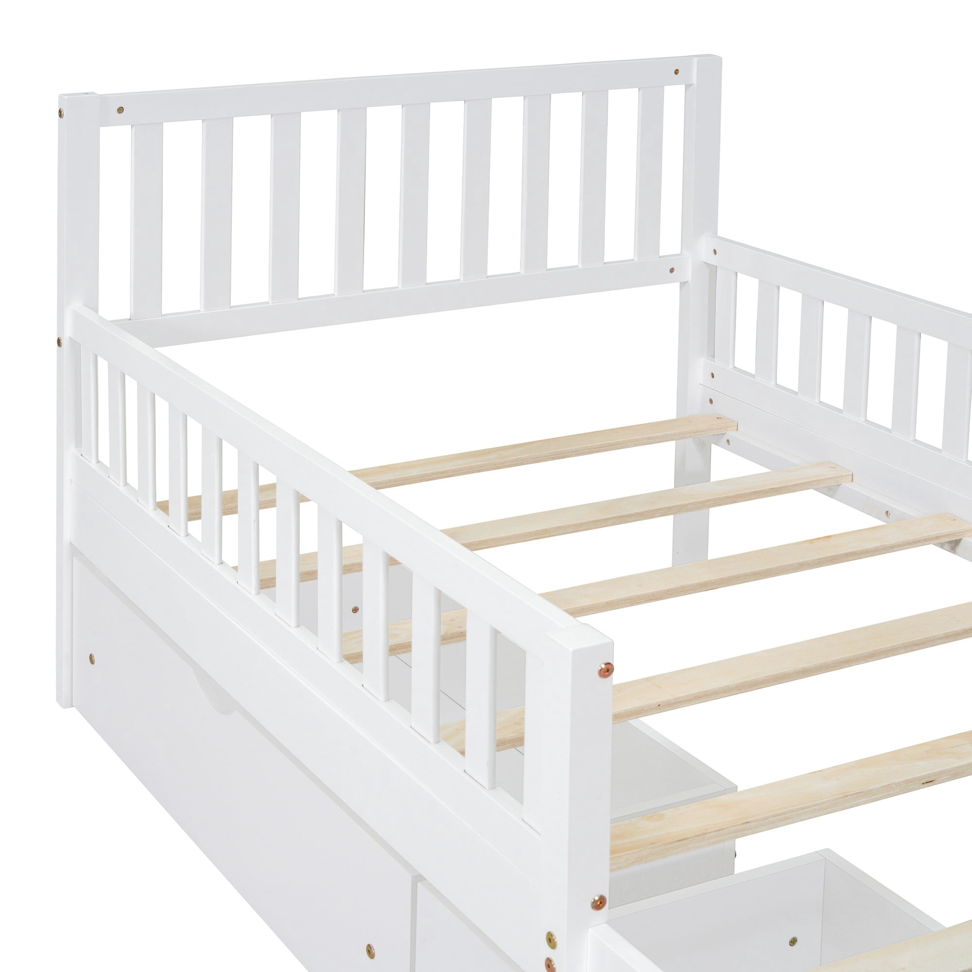 Aukfa Twin Platform Bed with Storage Drawers and Safe Rails, Wood Bed Frame, White