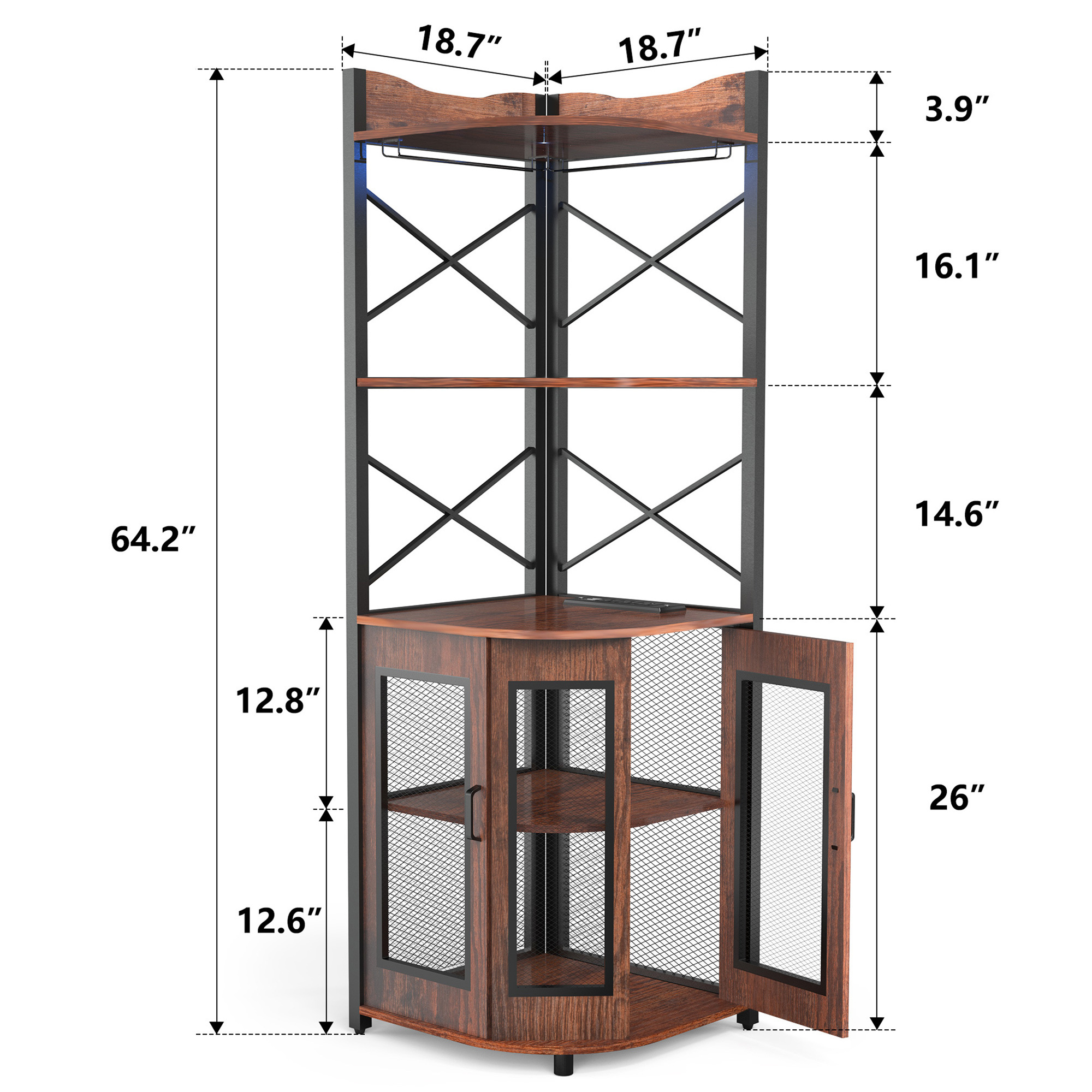 YISUFO 5 Tier Corner Bar Cabinet with Power Outlet, LED Lights, Wine Rack Display Shelves & Glass Holder, Storage Cabinet Corner Shelf For Living Room Kitchen