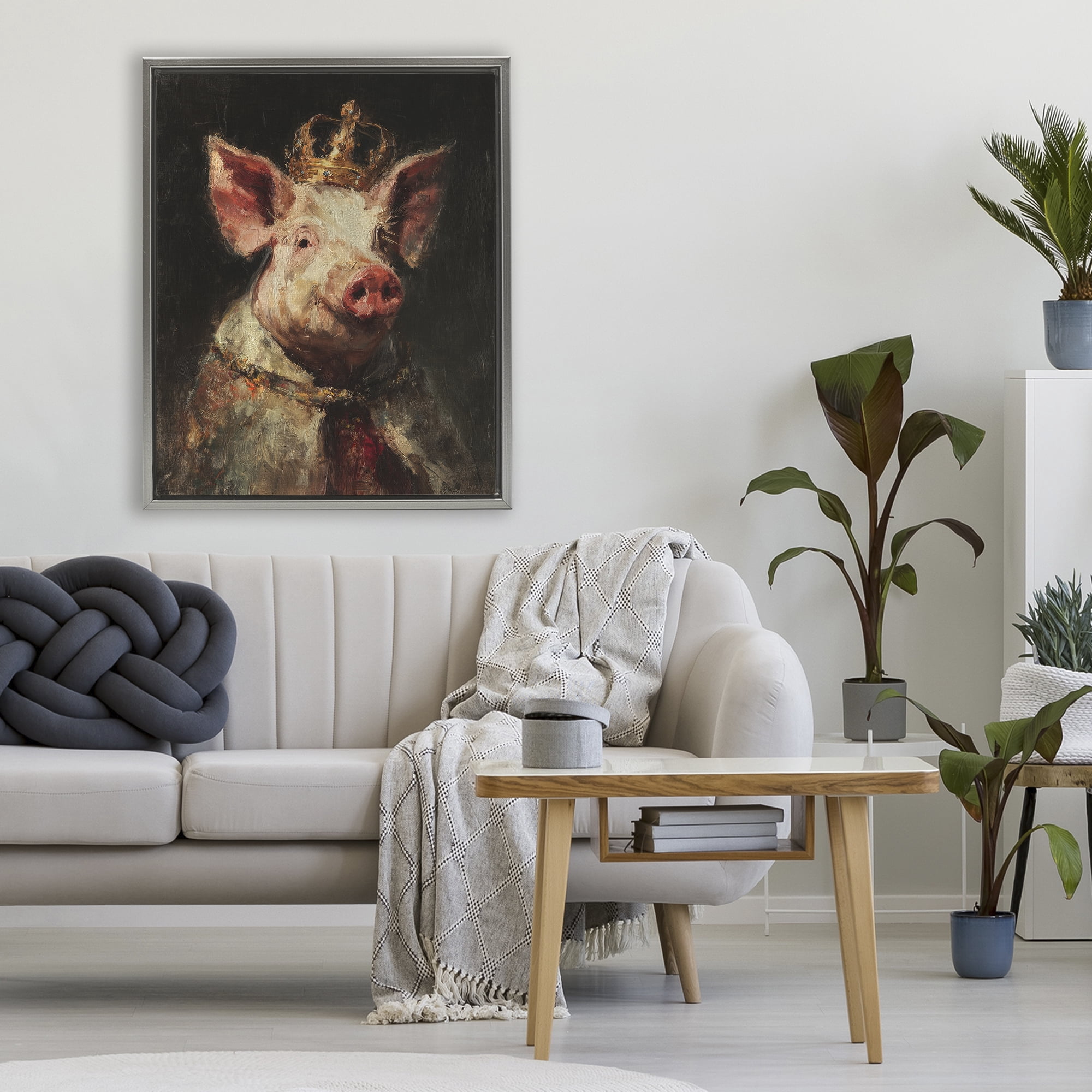Stupell Industries Royal Swine Portrait Gray Framed Floater Canvas Wall Art, design by Svetlana Aleynikova