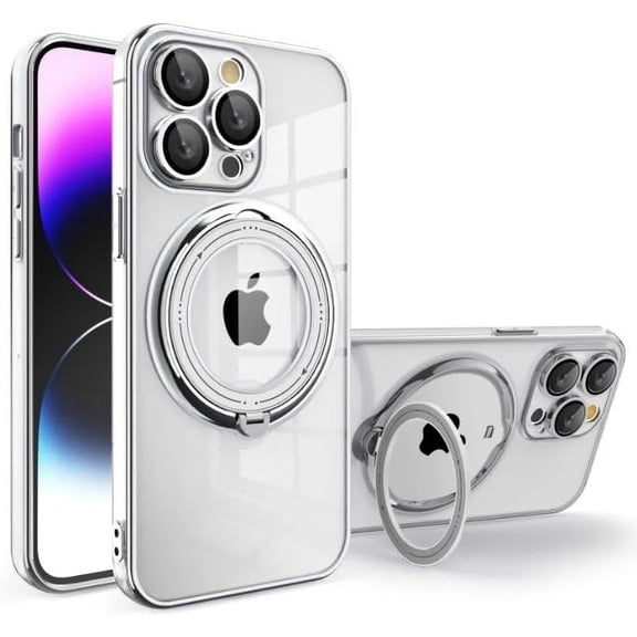 Magnetic Series Designed for iPhone Case[Compatible with MagSafe][Military Drop&Camera Lens Protection] Crystal Clear Plated Rotatable Ring Holder Stand Cover (Silver,iPhone 13 Pro)