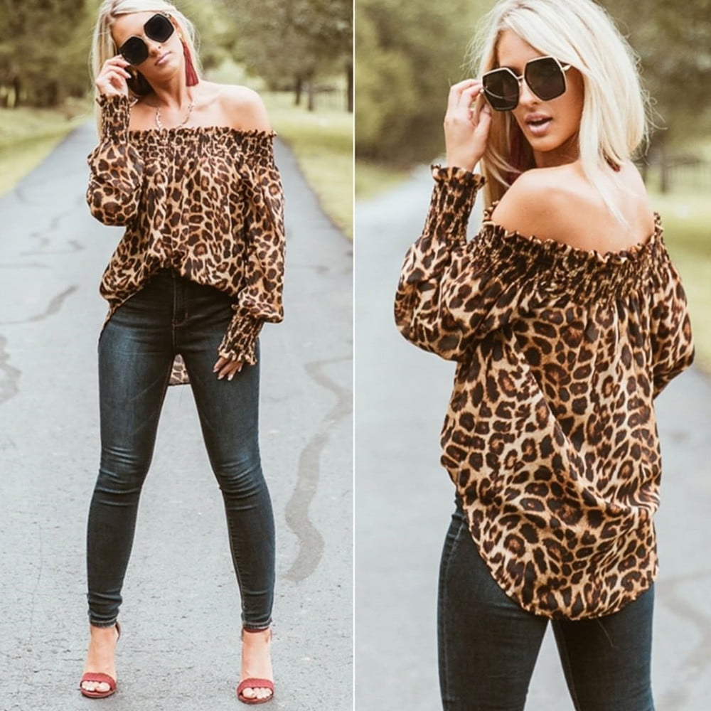 Qertyioot Women Leopard Print Off Shoulder Shirt Ladies Long