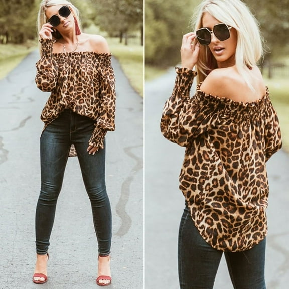kayannuo Fall Clothes For Women Women Leopard Print Off Shoulder Casual Top T Shirt Ladies Long Sleeve Blouse Brown