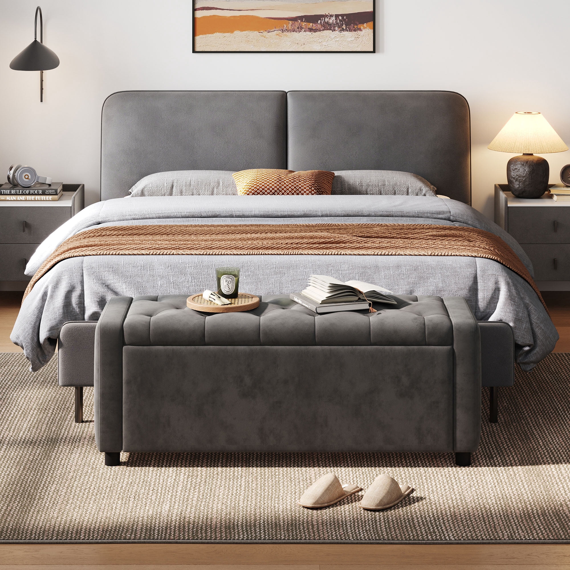 Linsy Home 50" Ottoman with Storage for Living Room, Velvet Storage Ottoman Bench with Gas Lift, Grey