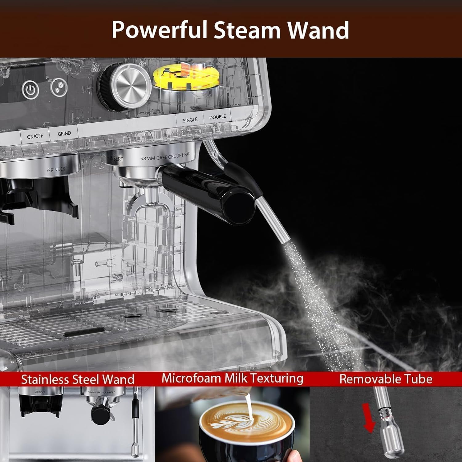 Semi-Automatic Espresso Machine, 1450W Power, 20 Bar Pressure, 30 Grind Settings, Quick Heating, and Milk Frother Wand for Home and Hotel Use, Silver Finish