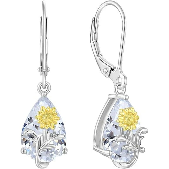 Sunflower CZ Earrings for Women, 925 Sterling Silver Dangle Drop Earrings 7x10mm Teardrop Birthstone Leverback Earrings Jewelry Birthday Gifts for Her