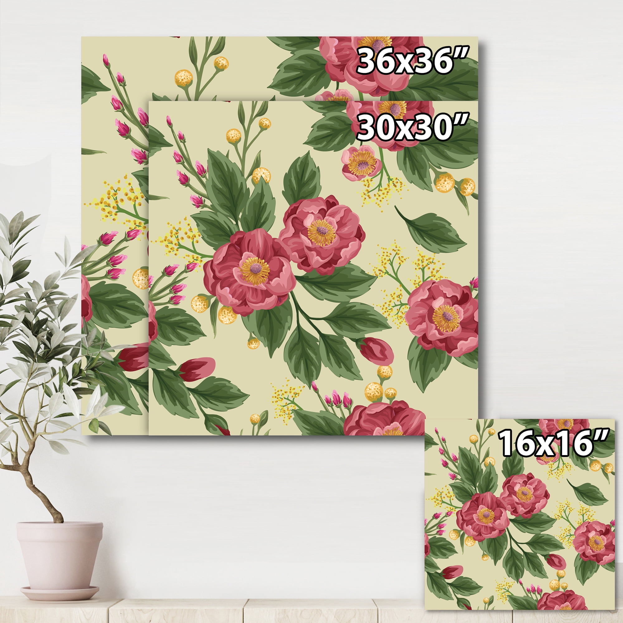 Designart ' Vintage Sweet Peas and Peonies On Beige ' Traditional Canvas Wall Art Print