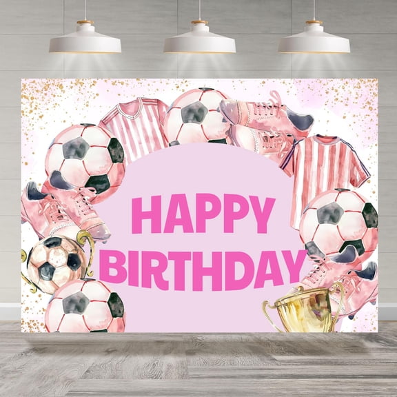 7x5FT Happy Birthday Backdrop Soccer Girls Pink Sports Theme Photography Background Happy Birthday Party Decorations Cake Table Banner Photo Booth Props