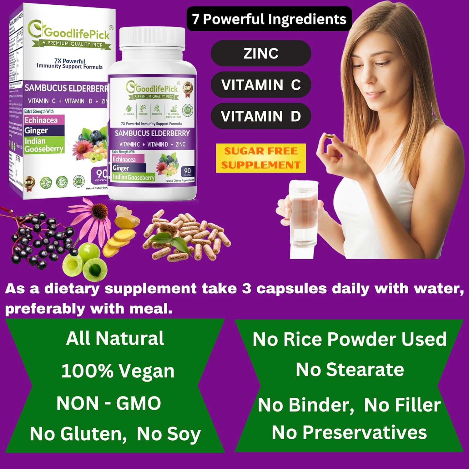 GoodlifePick Elderberry Supplement with Zinc, Vitamin C & D, Immune Support, Antioxidant, 90 Capsules