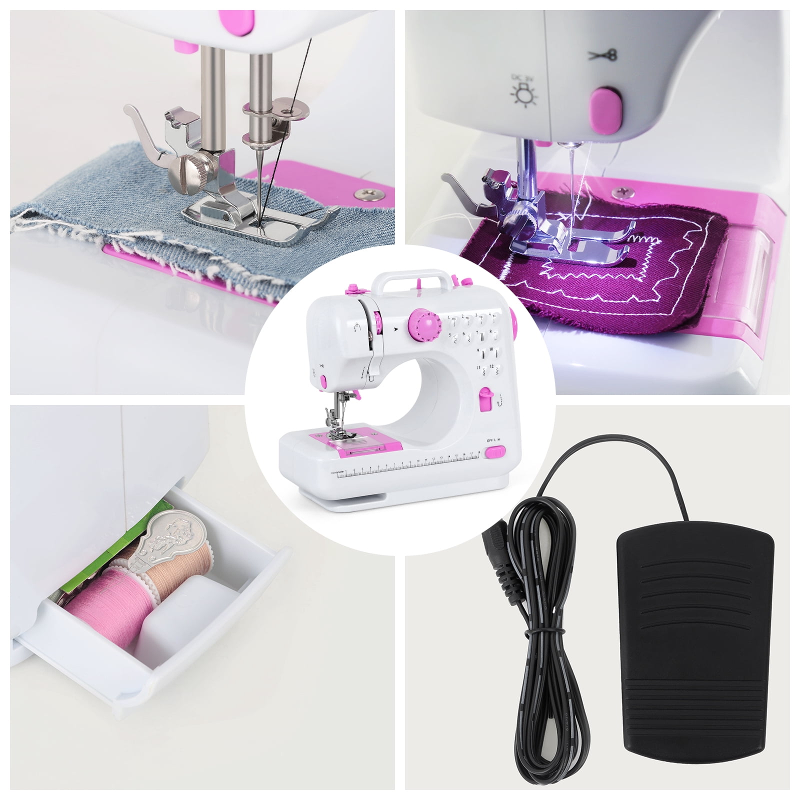mini portable sewing machine -12 built-in stitches, double thread, double speed, pedals for children and women