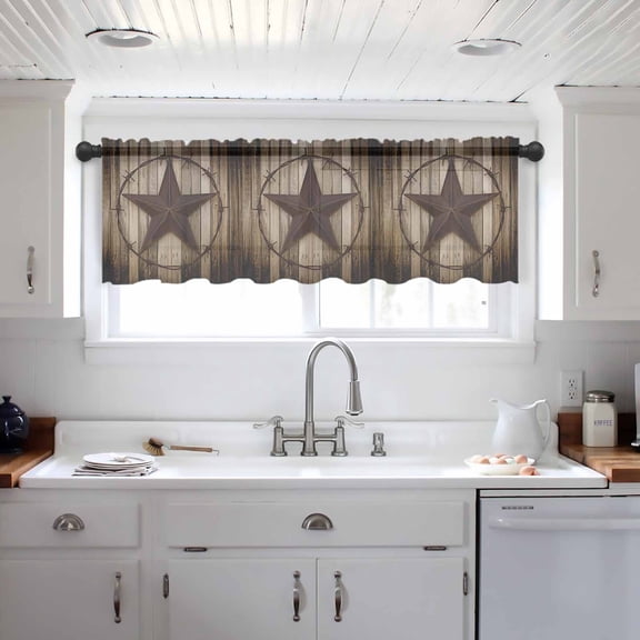 Western Star Retro Valance Curtains for Kitchen/Living Room/Bathroom/Bedroom Window, Vintage Brown Wood Barn Rod Pocket Small Topper Half Short Window Curtains Voile Sheer Scarf 42"x18"