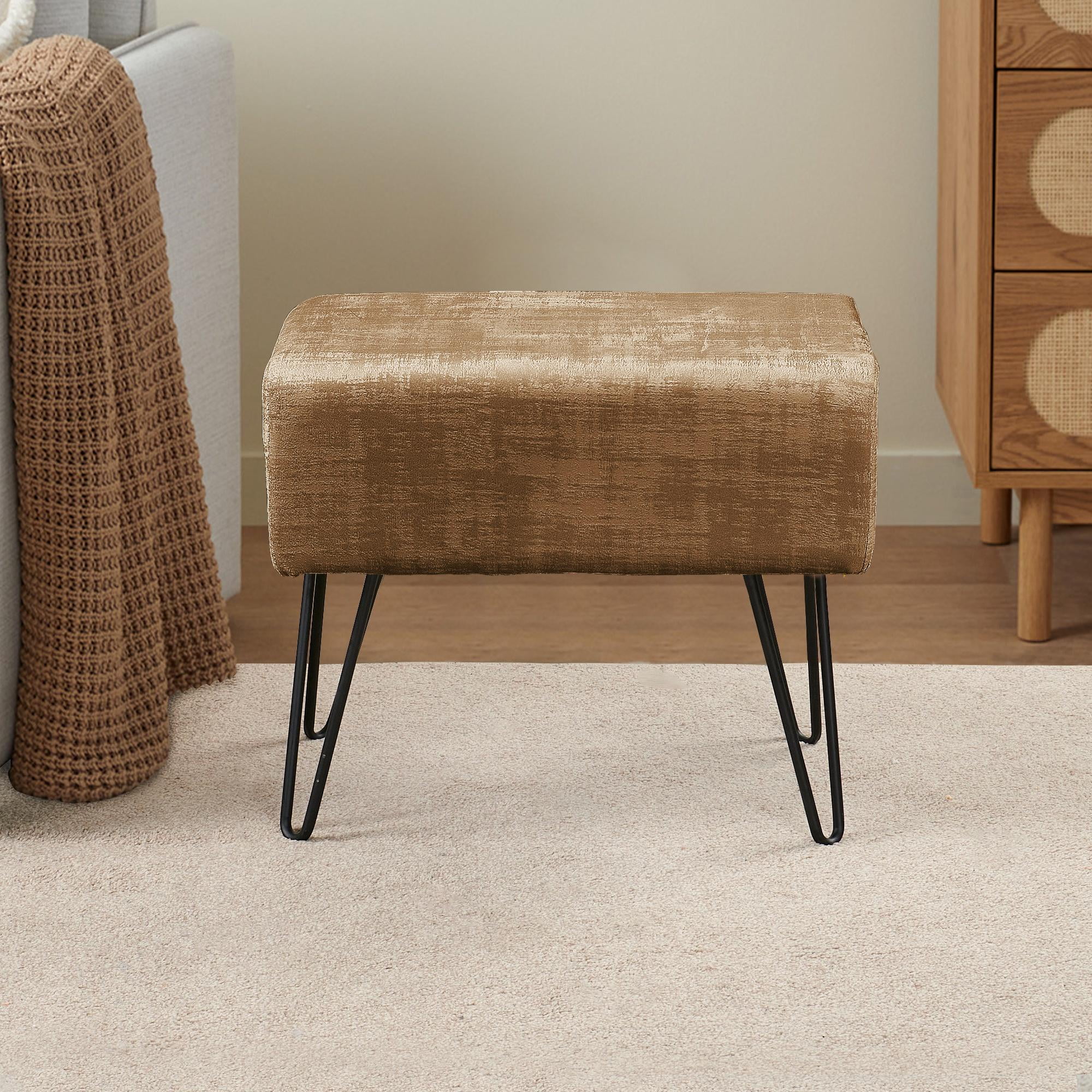 Home Soft Things Textured Velvet Ottoman Stool Chair, Upholstered Footrest with Black Metal Legs, Tobacco Brown, 19" x 13" x 17"